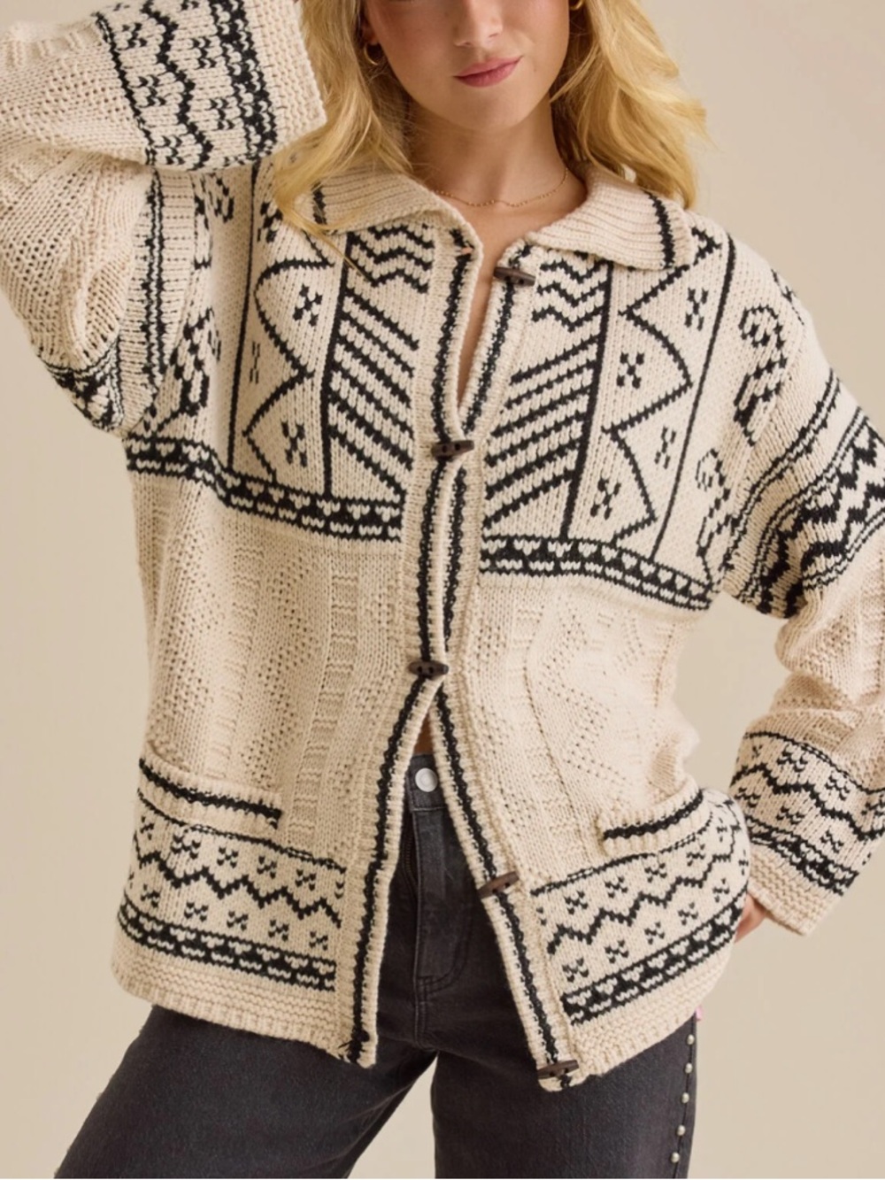 Altar'd State Naya Fairisle Cardigan Ivory & Black Geometric with Wooden Toggles